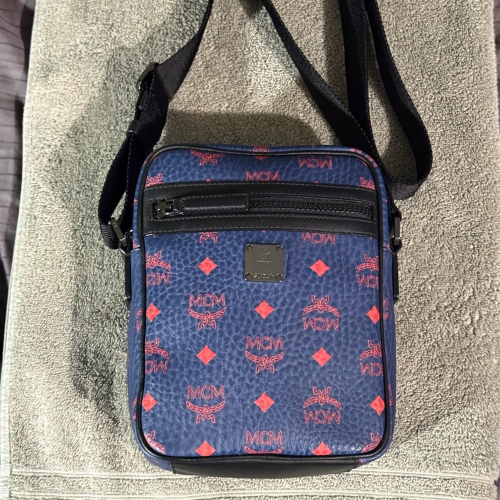 100% Authentic MCM Navy and Red Messenger Bag